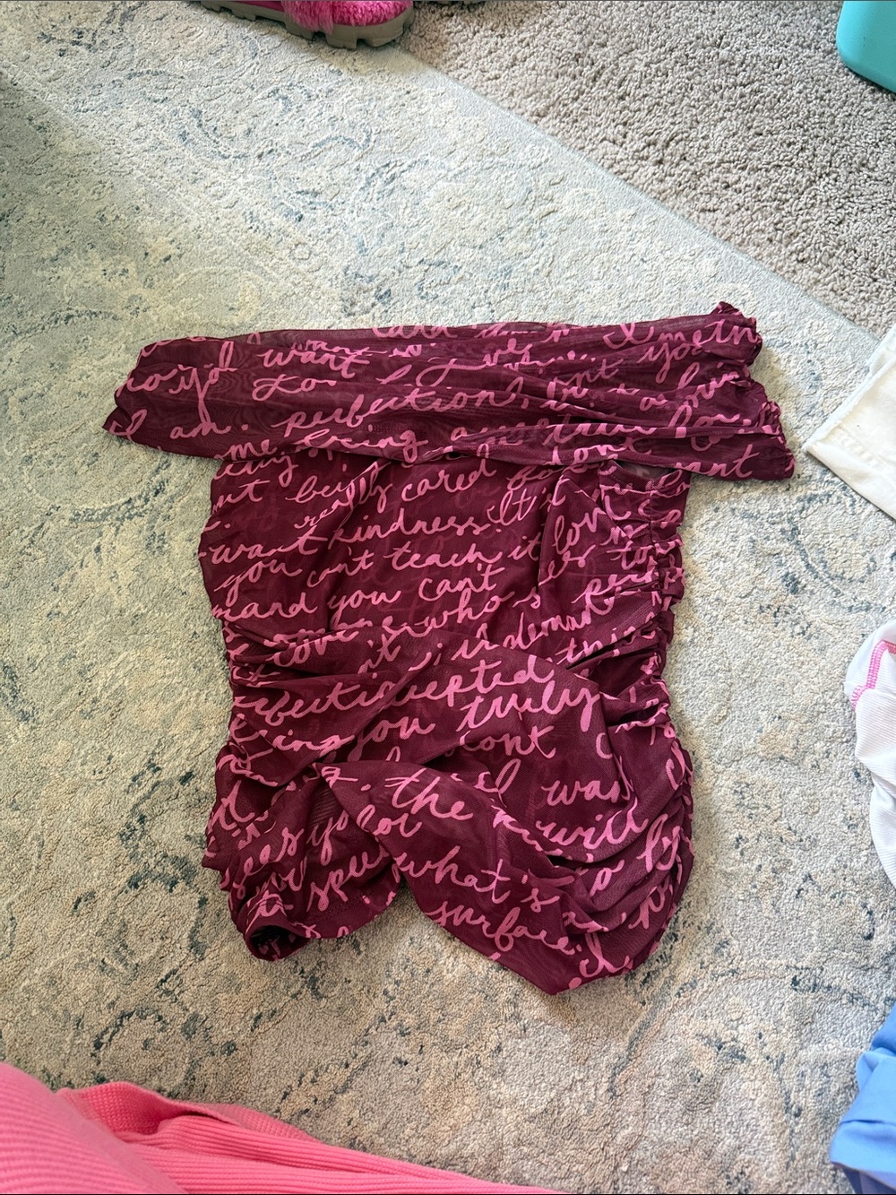 Anthropologie Burgundy Off-Shoulder Script Print Top